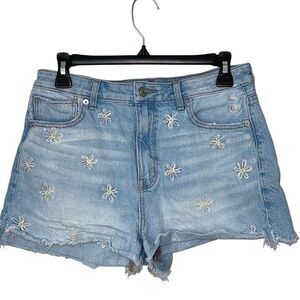 American Eagle Womens Embroidered Frayed Hem Cutoff Mom Jean Shorts Blue Size 8